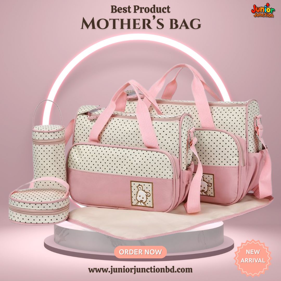 🎒 Premium 5-in-1 Multi-Functional Mother Bag Combo – Pastel Pink Polka Dot Edition