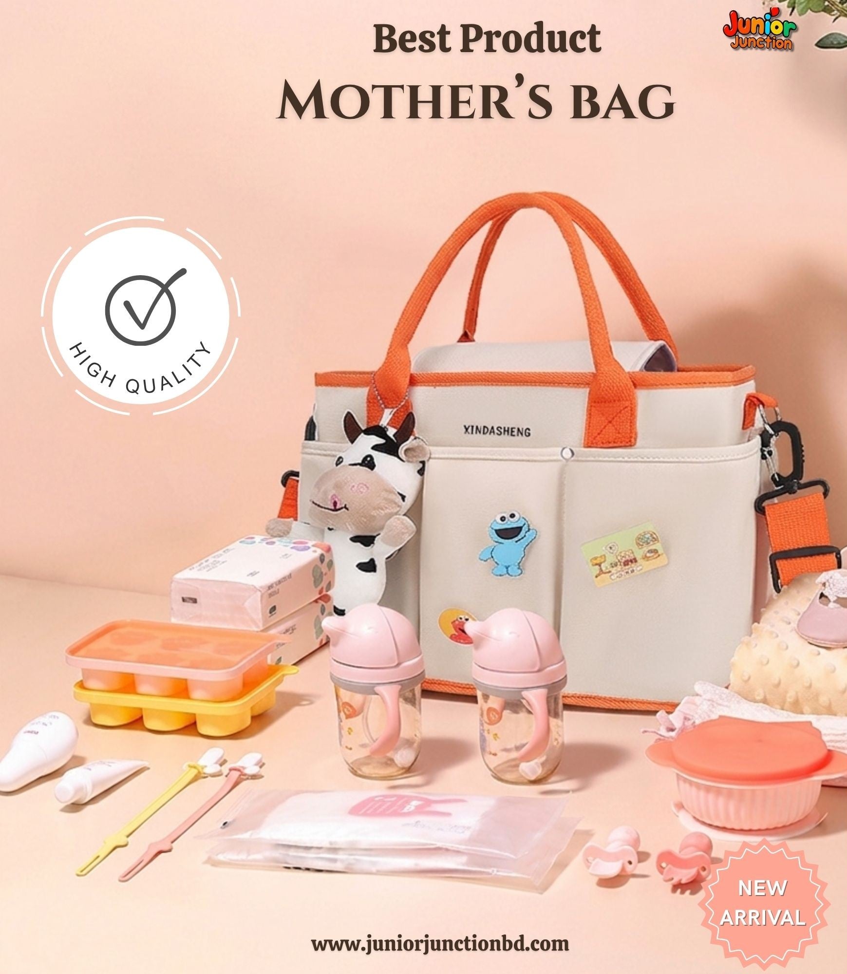 🎒 Ultra-Organized Premium Mother’s Bag – Pastel Peach & Cream Edition