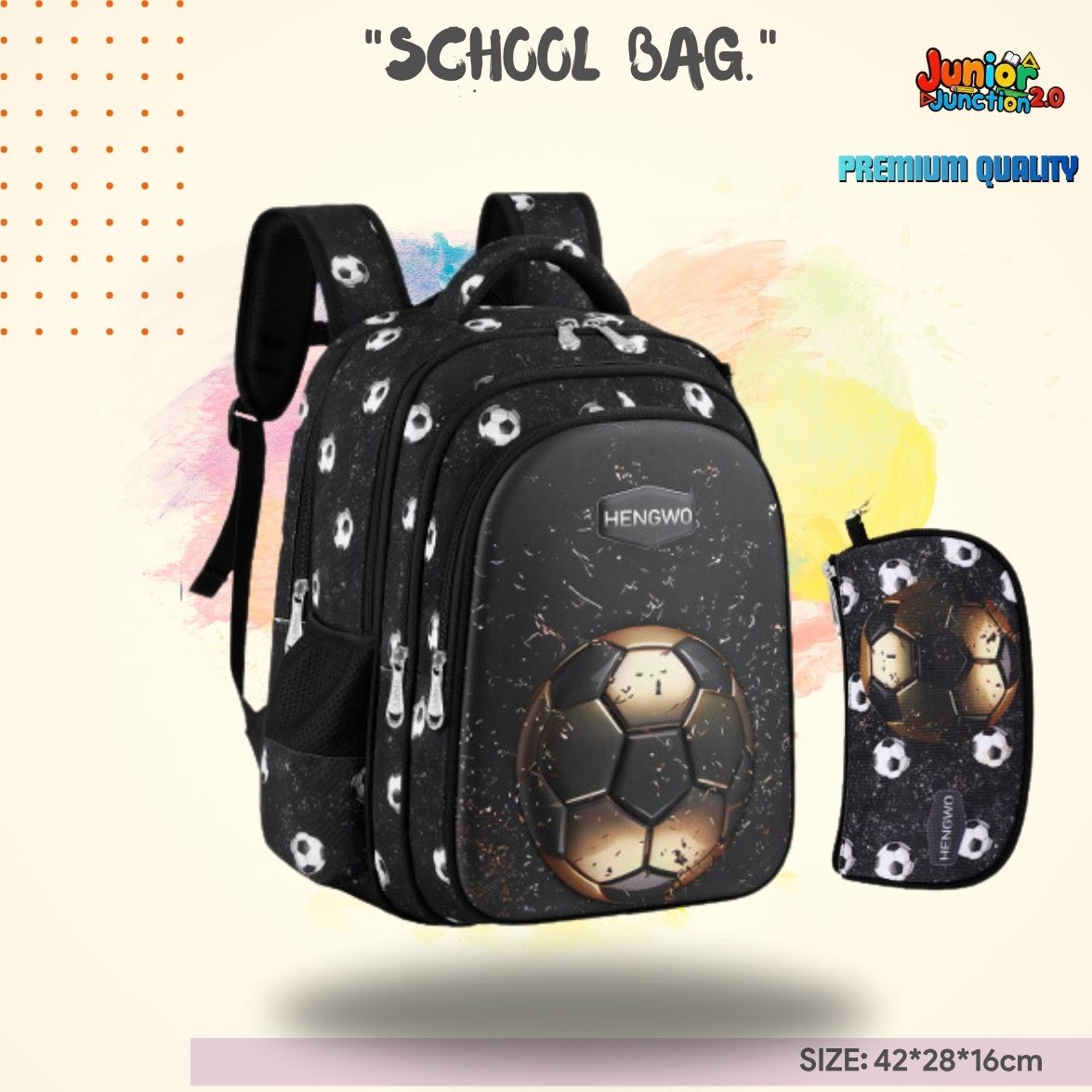 Golden Striker Football 3D School Bag with Matching Pencil Case (Obsidian Black) 🎒⚽🏆