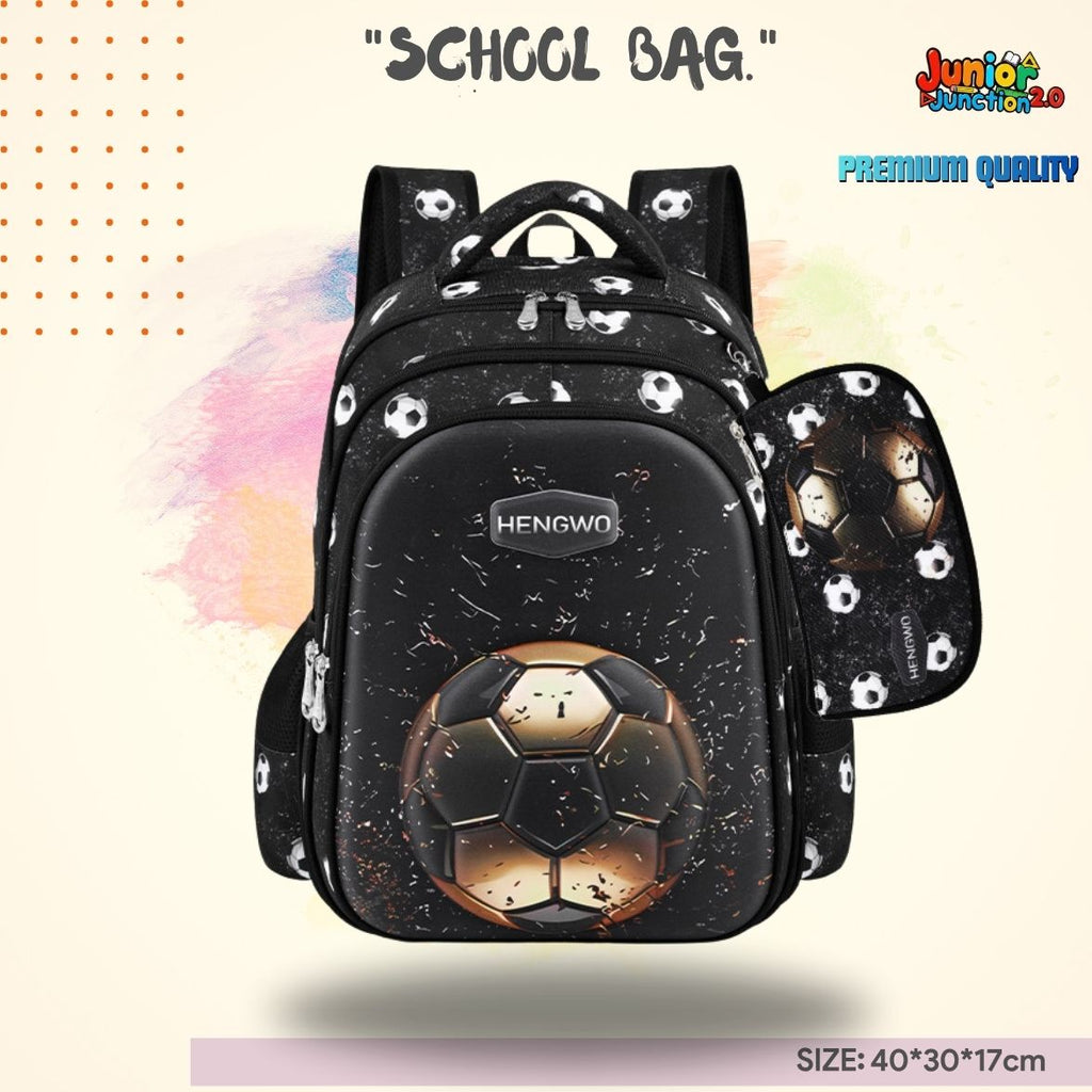 Golden Striker Football 3D School Bag with Matching Pencil Case (Obsidian Black) 🎒⚽🏆