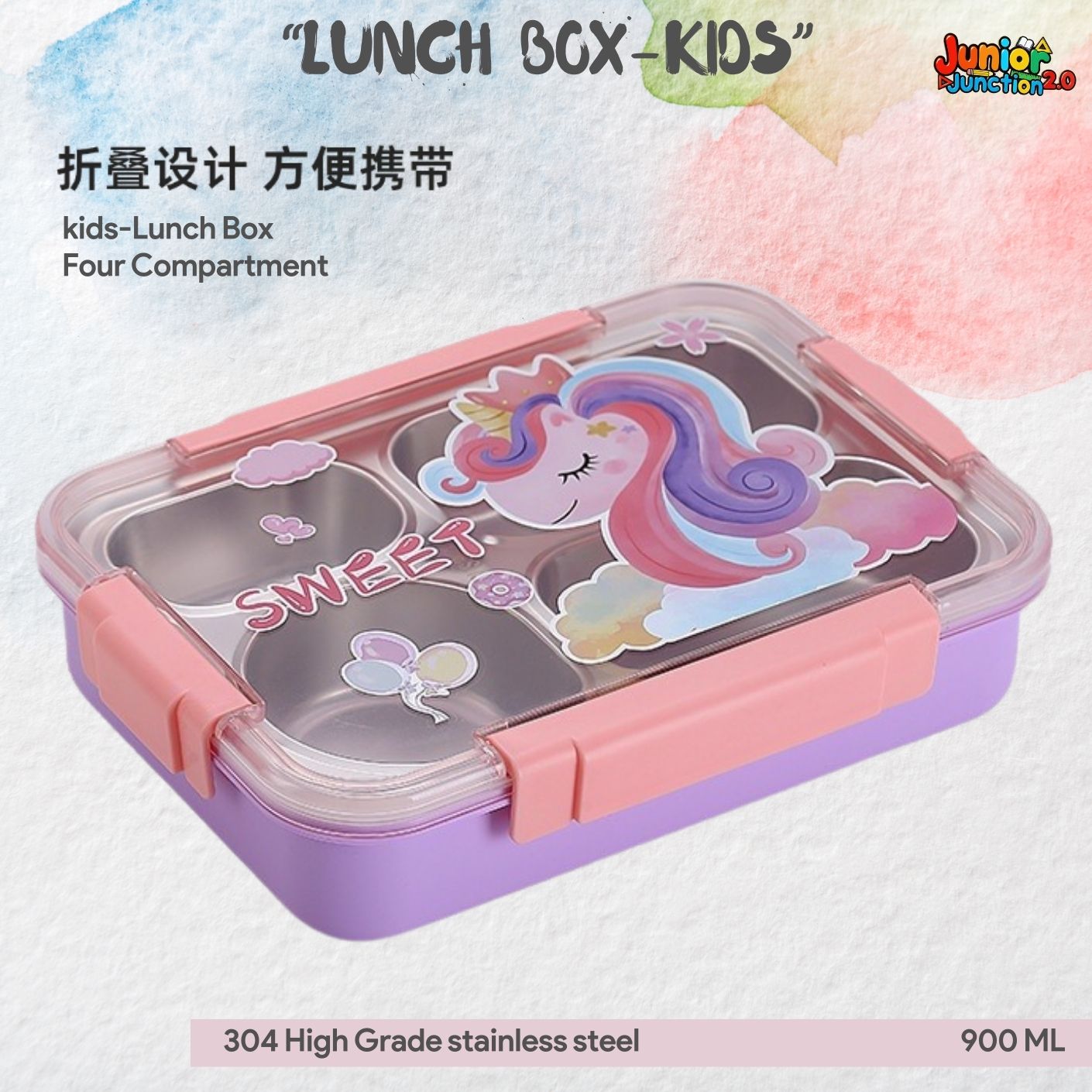 🍱 Magical Unicorn 304 Stainless Steel Kids Lunch Box (900 ML) – Pastel Purple & Coral