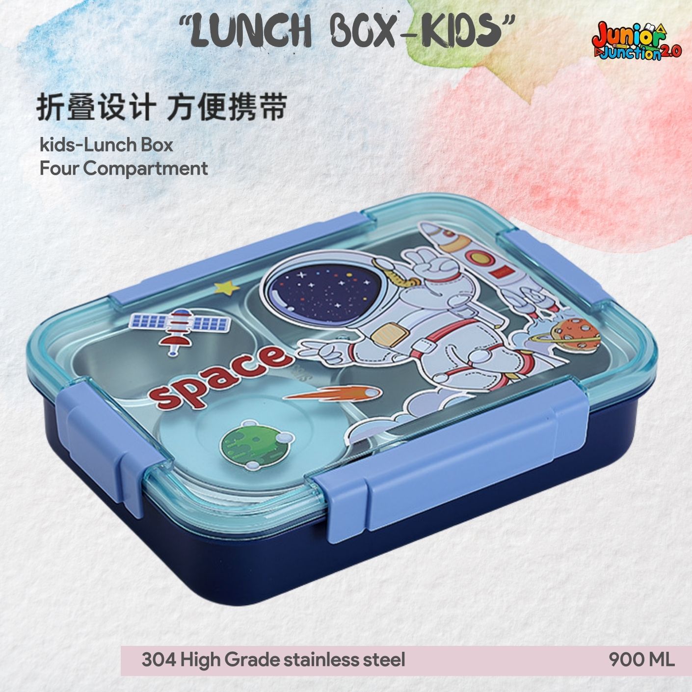 🍱 Outer Space Astronaut 304 Stainless Steel Kids Lunch Box (900 ML) – Deep Blue & Sky Blue