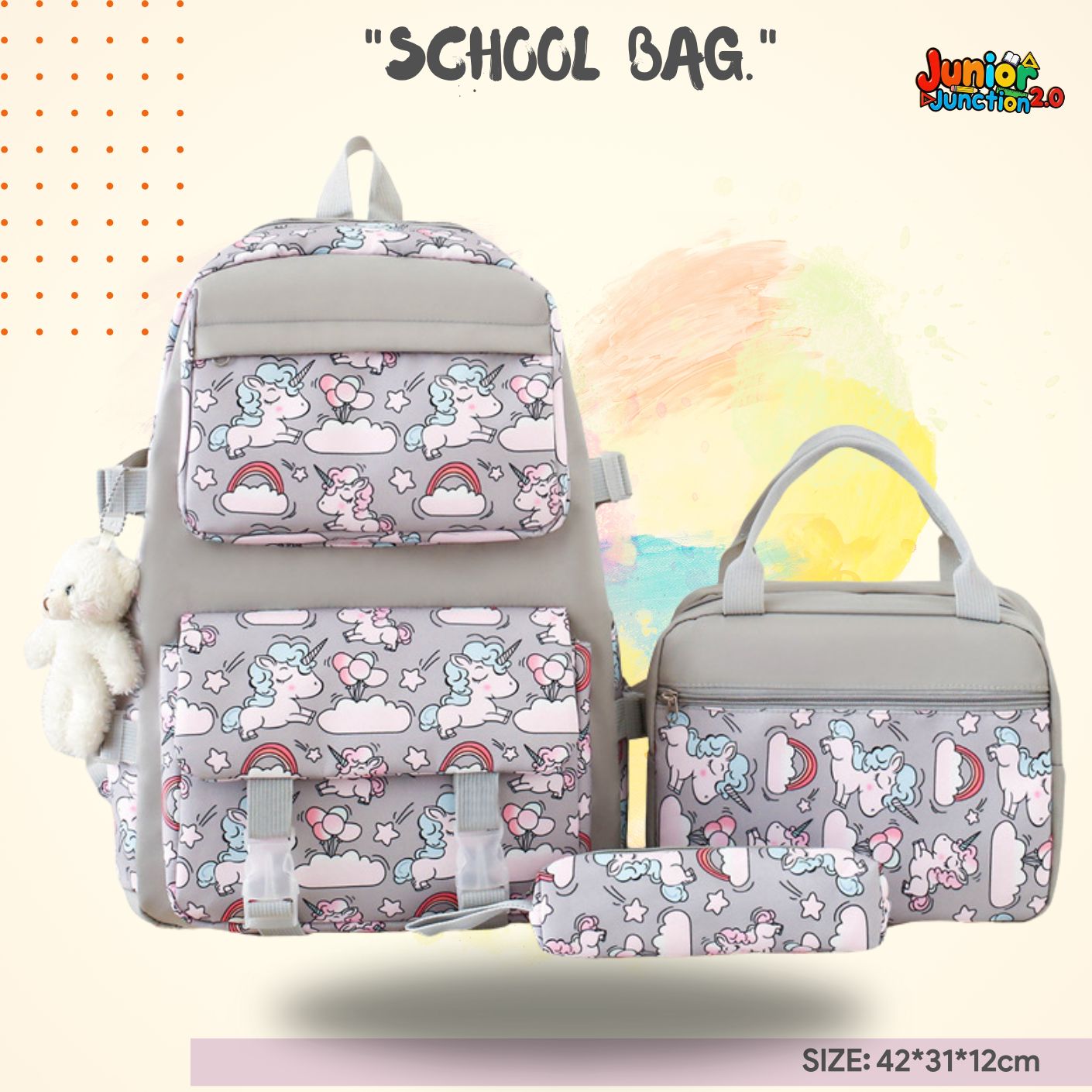 Magical Unicorn 3-in-1 Combo Set (Soft Grey & Pastel) 🎒🦄