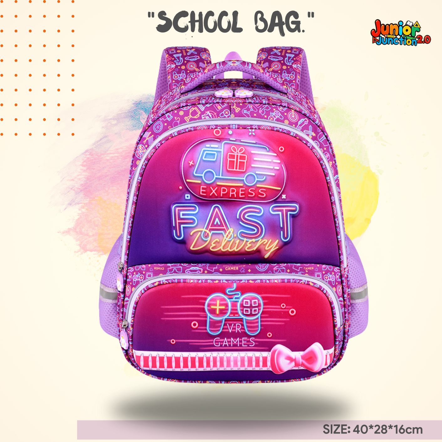 Neon Gamer "Fast Delivery" School Bag (Purple & Magenta) 🎒⚡