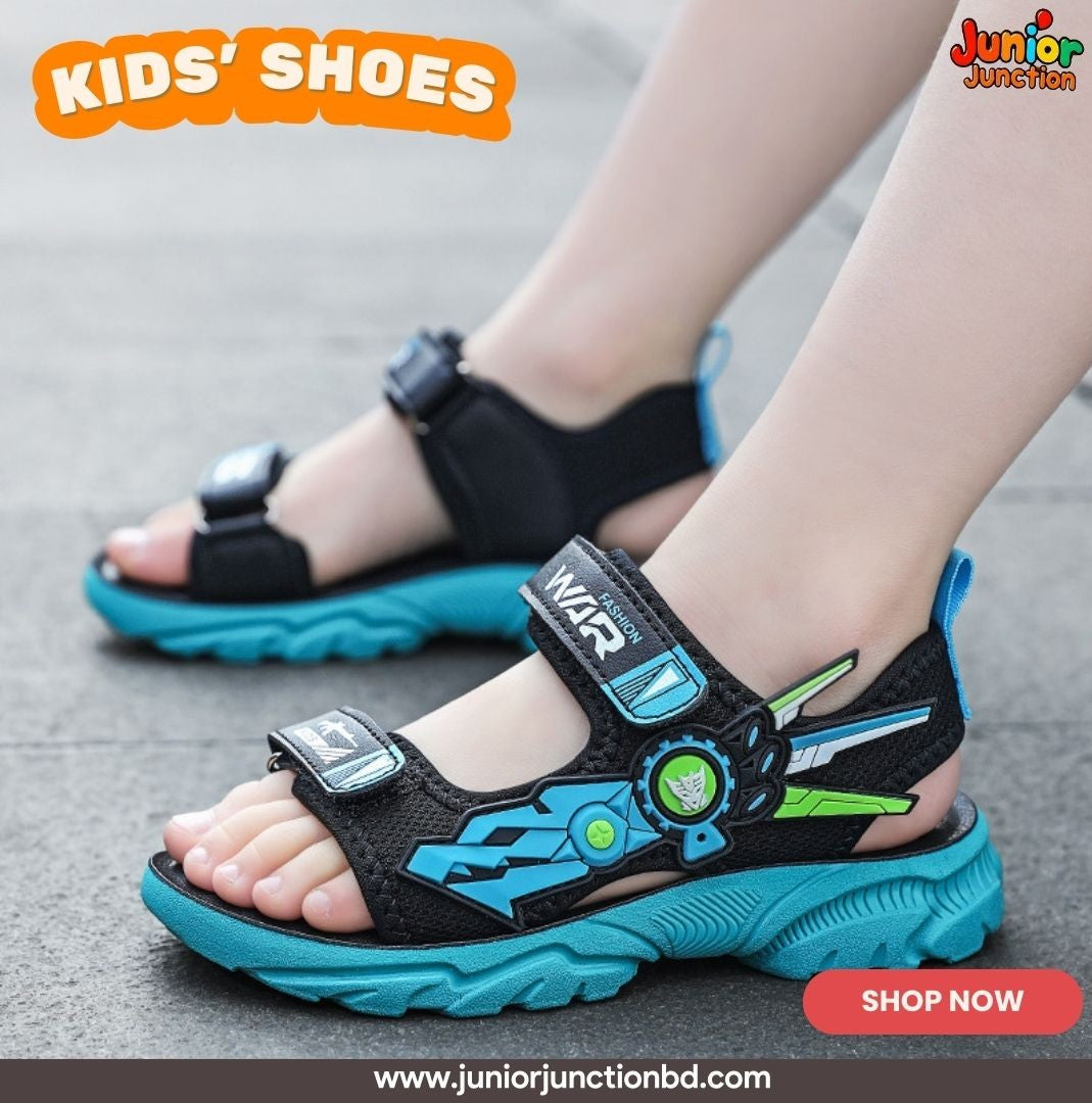 🤖 Kids Cyber Mecha Sport Sandals – Stealth Black & Electric Cyan