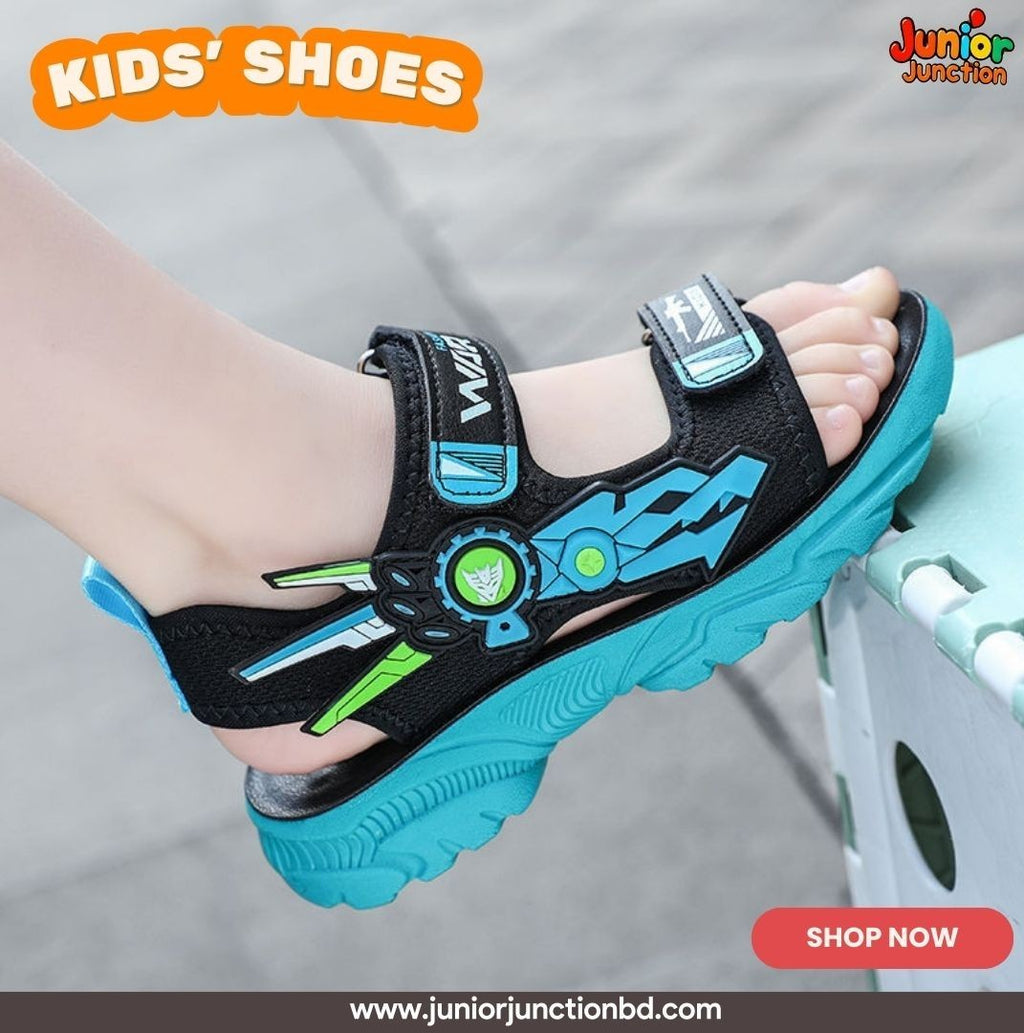 🤖 Kids Cyber Mecha Sport Sandals – Stealth Black & Electric Cyan