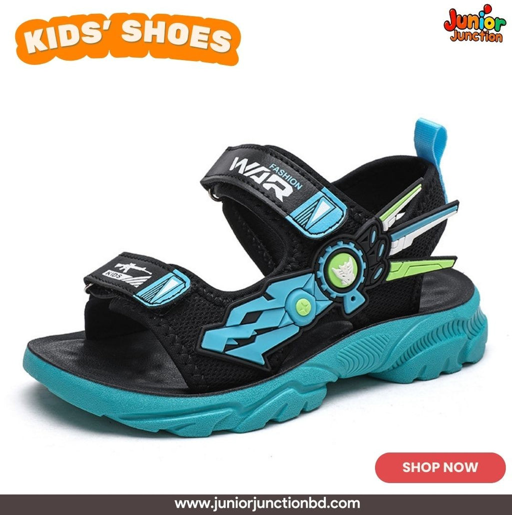 🤖 Kids Cyber Mecha Sport Sandals – Stealth Black & Electric Cyan