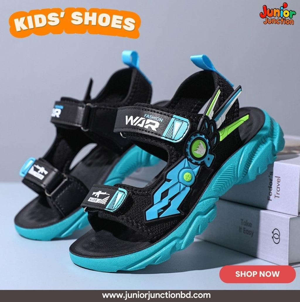 🤖 Kids Cyber Mecha Sport Sandals – Stealth Black & Electric Cyan