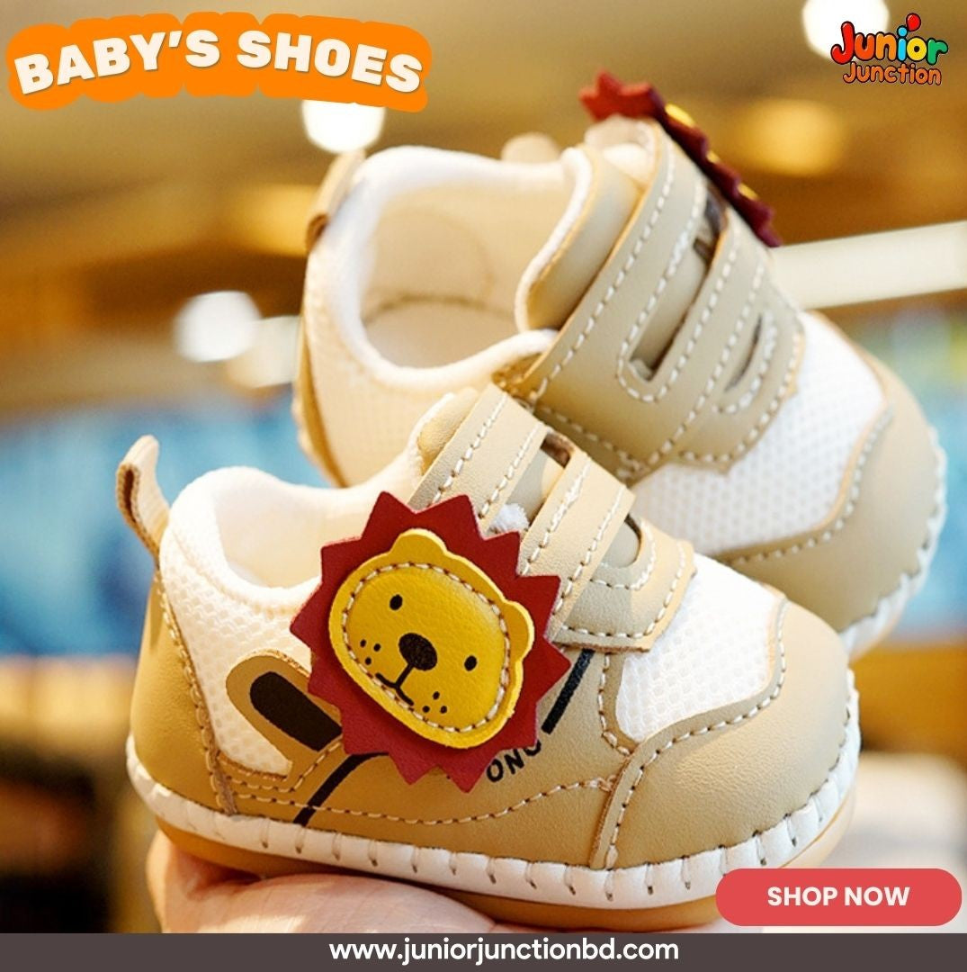 🦁 Kids Little Lion First-Steps Sneakers – Beige & White