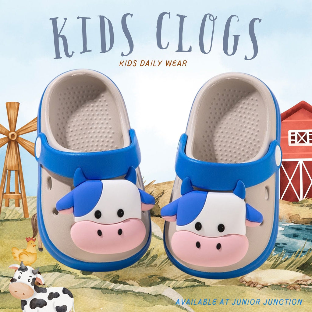 🐄 Kids Barnyard Cow Clogs – Sky Blue & Soft Sand