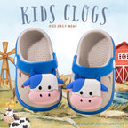 🐄 Kids Barnyard Cow Clogs – Sky Blue & Soft Sand