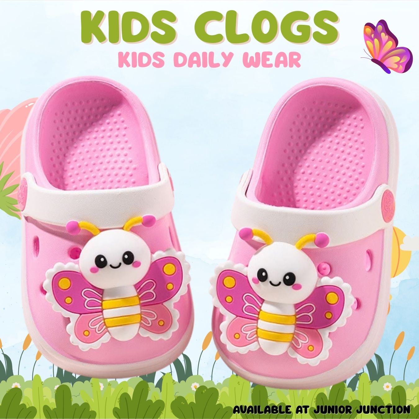 🦋 Kids Butterfly Bee Clogs – Petal Pink & Snow White