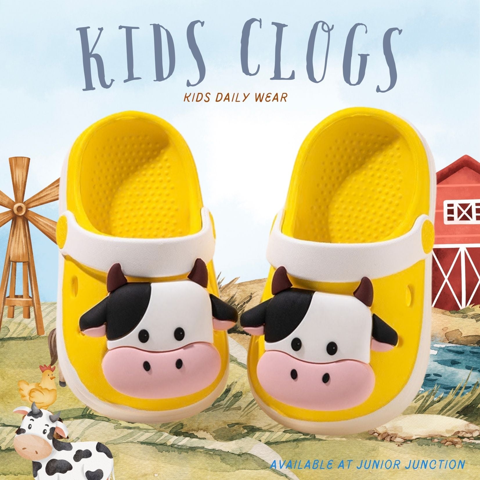 🐄 Kids Barnyard Cow Clogs – Sunny Yellow & Snow White