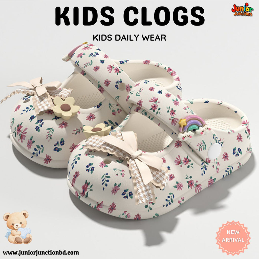 Kids Elegant Floral Ribbon Clogs – Cream & Pastel