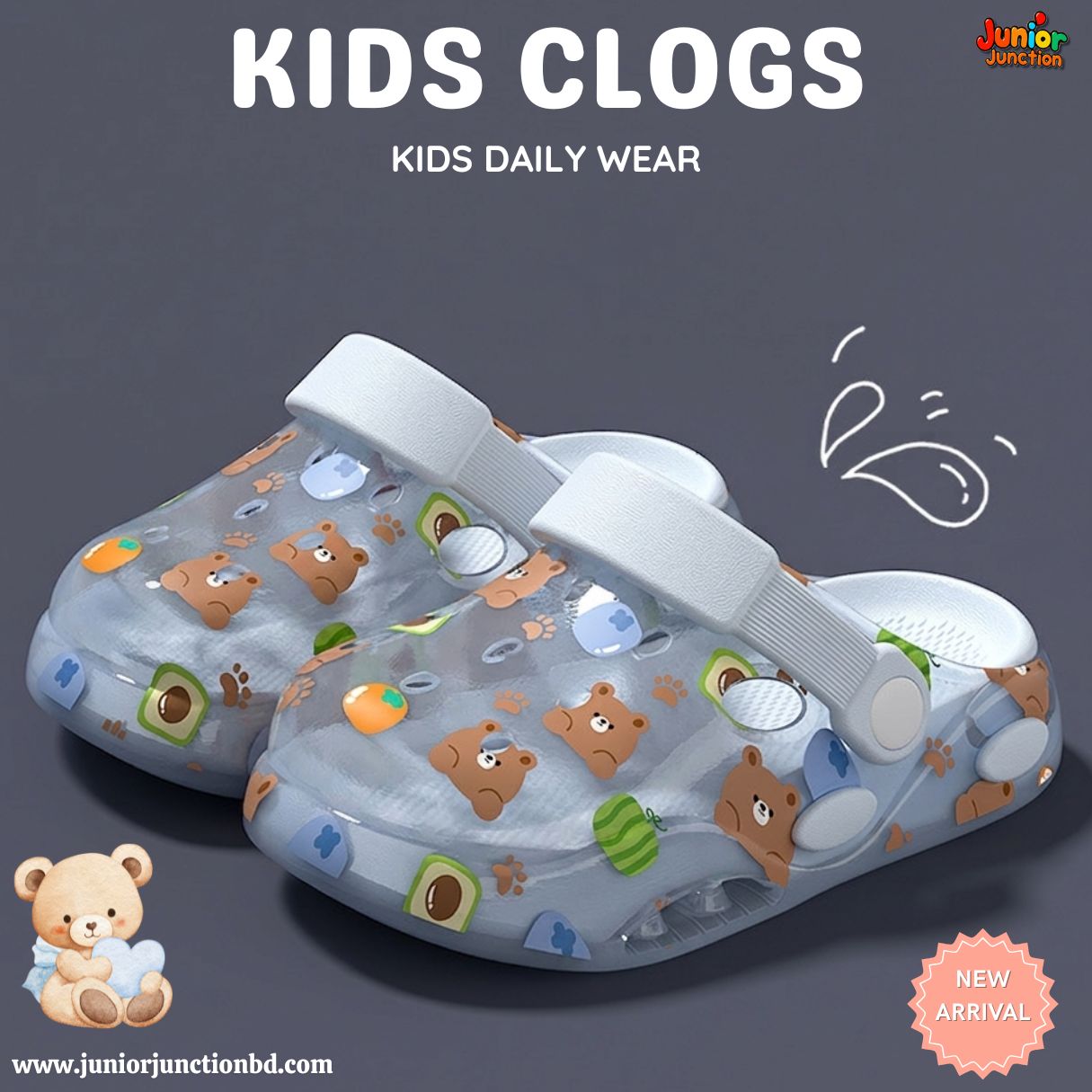 Kids Playful Bear & Fruit Clogs – Ice Blue & Clear