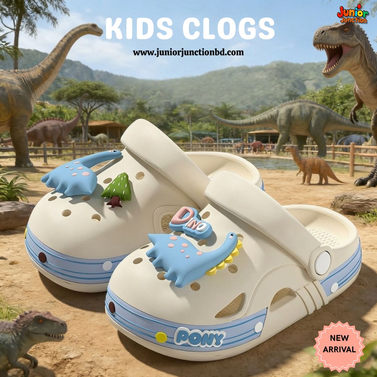 Kids Gentle Brontosaurus Clogs – Off-White & Pastel Blue