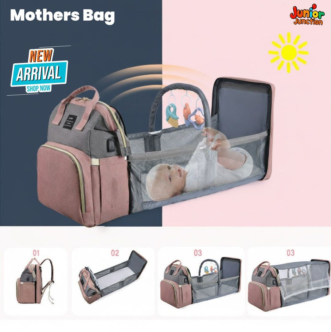 🌟 2-in-1 Ultimate Expandable Travel Crib Backpack – Premium Rose & Grey