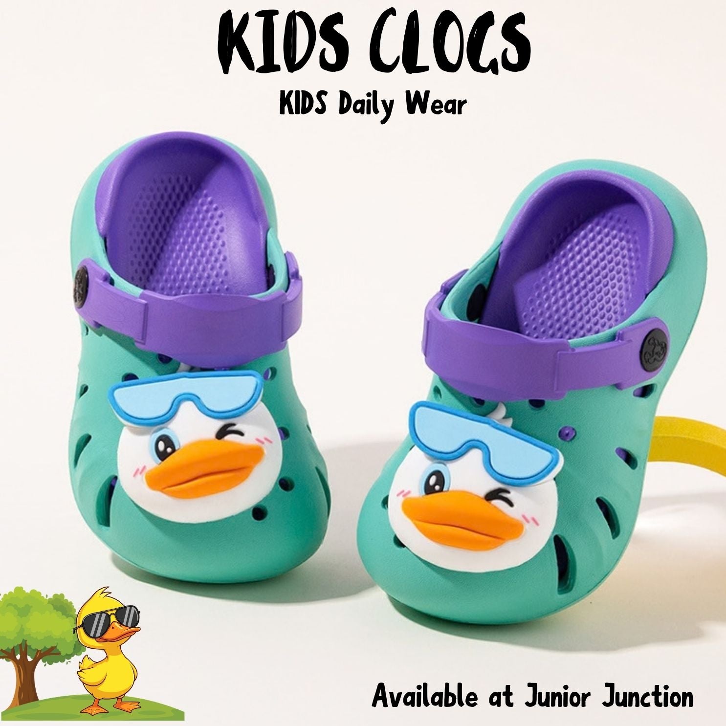 🦆 Kids Winking Duck Clogs – Mint & Lavender