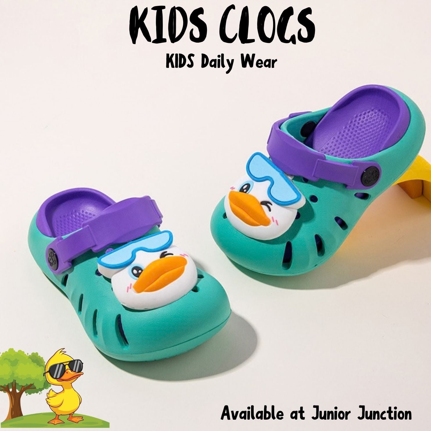 🦆 Kids Winking Duck Clogs – Mint & Lavender