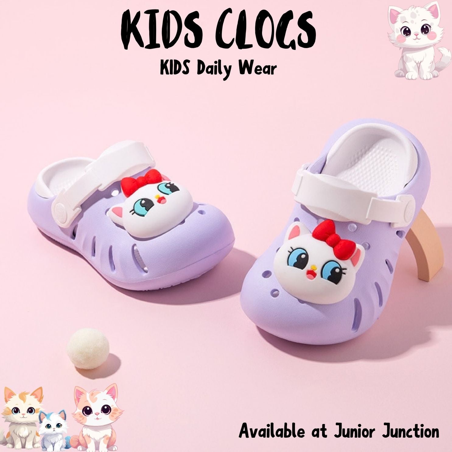 🐱 Kids Pretty Kitty Clogs – Lavender & Snow White