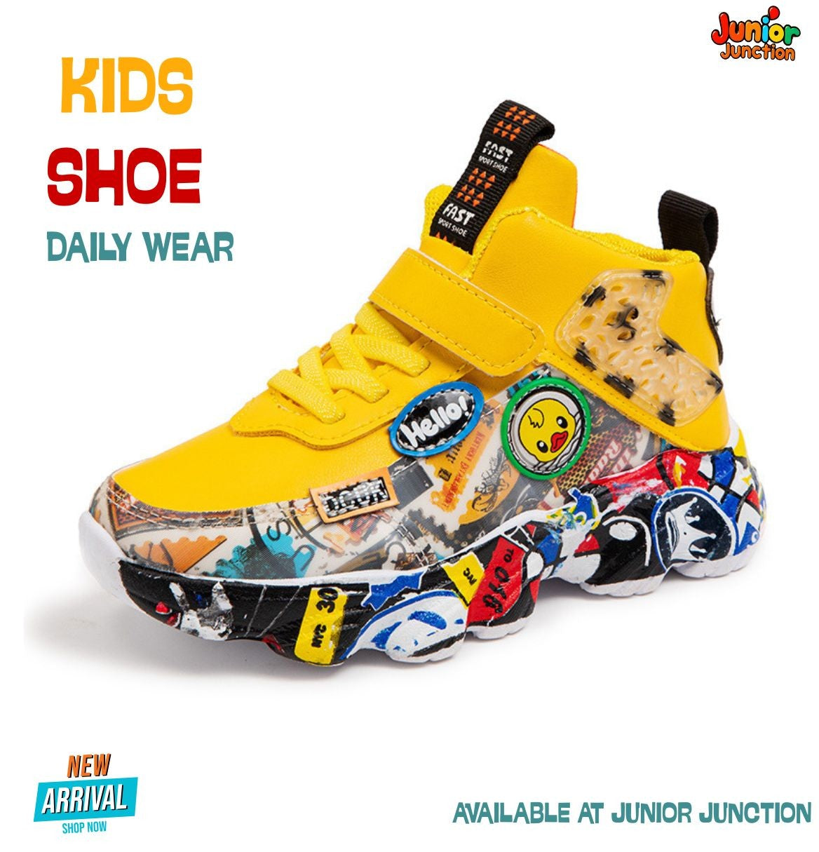👟 Kids Street Culture Mid-Top Sneakers – Cyber Yellow & Graffiti Pop