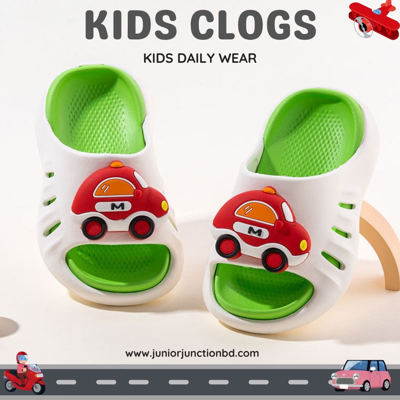 Kids Speed Car Open-Toe Slides – White & Lime Green