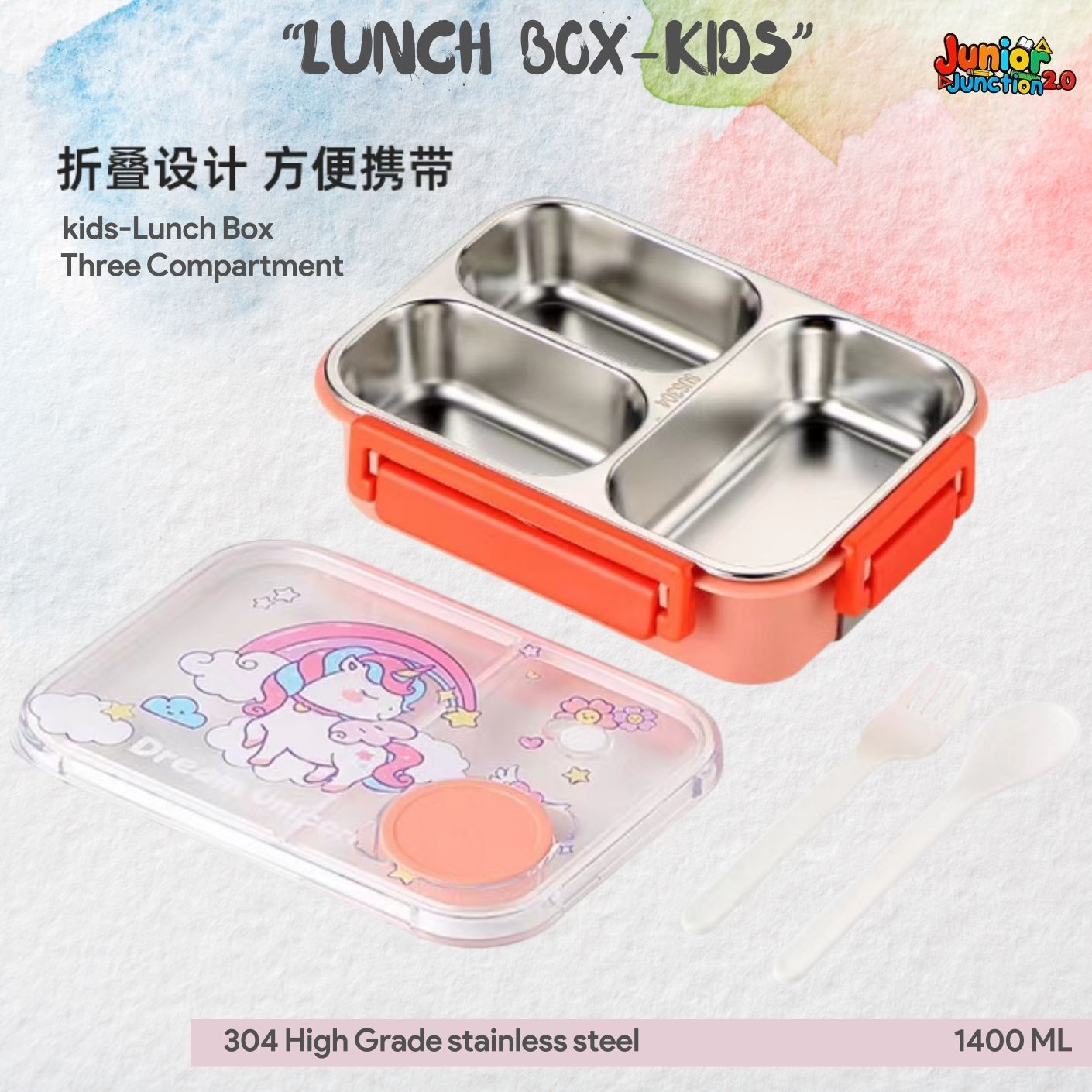 🍱 Dream Unicorn 304 Stainless Steel Kids Lunch Box (1400 ML) – Coral Orange & Pastel Pink
