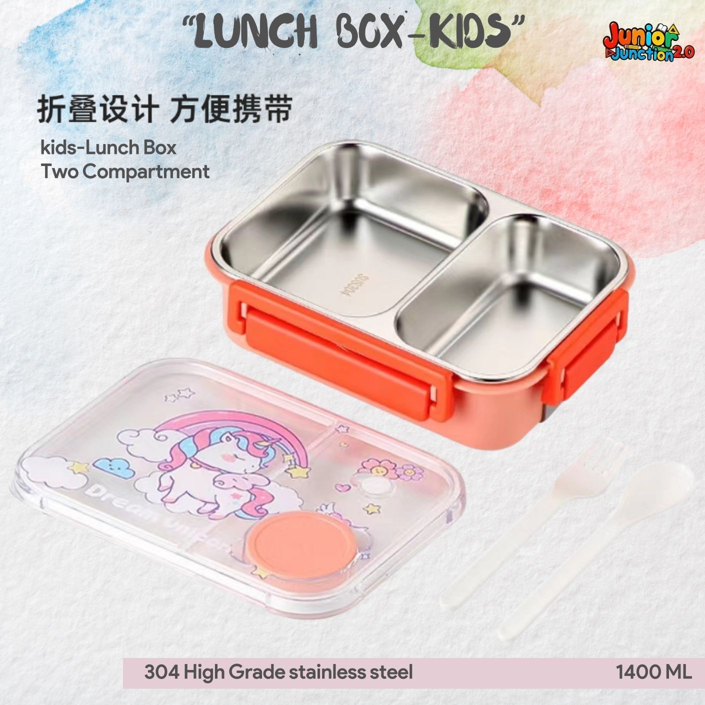🍱 Dream Unicorn 304 Stainless Steel Kids Lunch Box (1400 ML) – Coral Orange & Pastel Pink