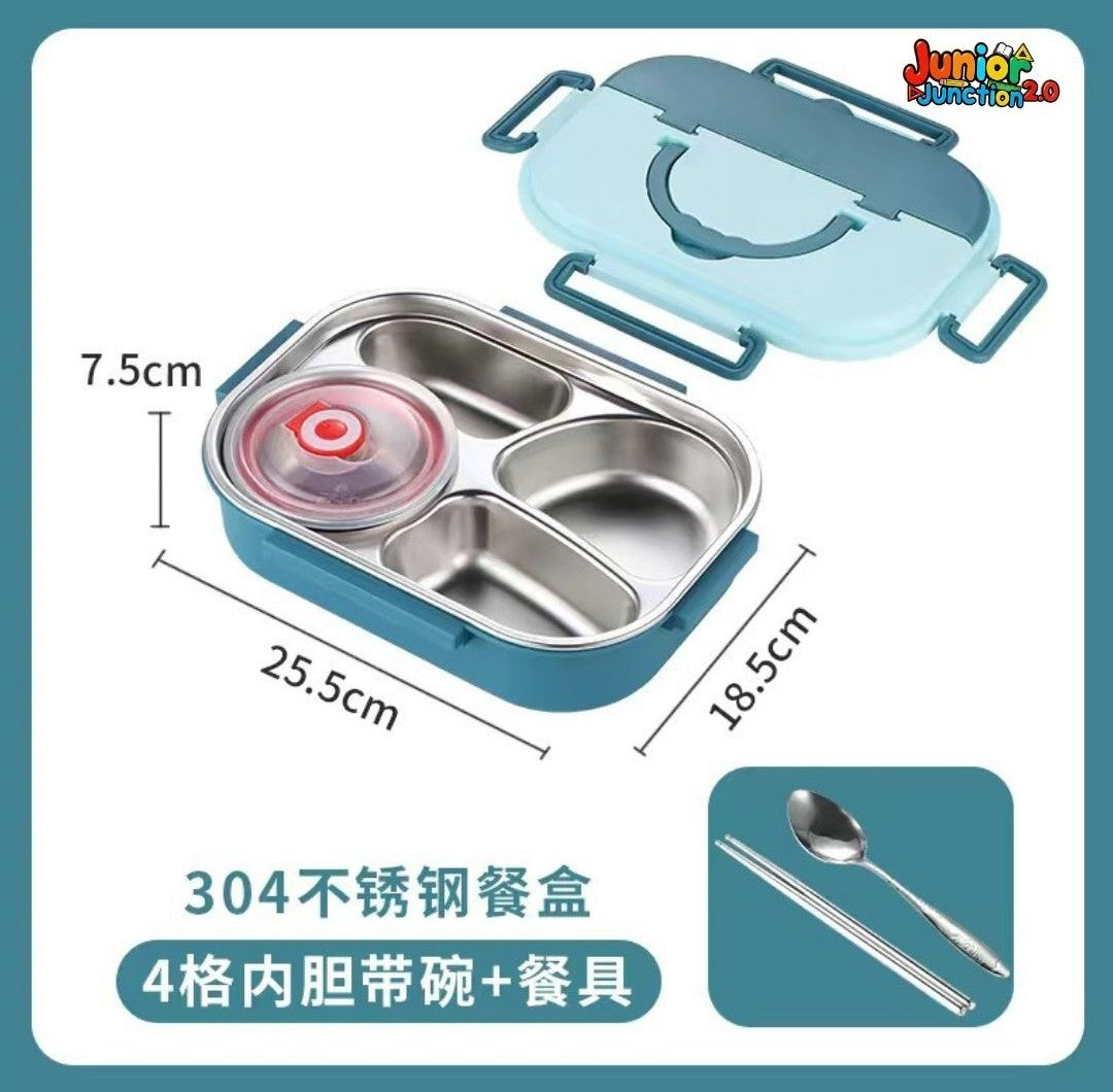 🍱 Modern Dual-Tone 304 Stainless Steel Bento Lunch Box Set with Soup Bowl – Teal & Sky Blue (4-Compartment)