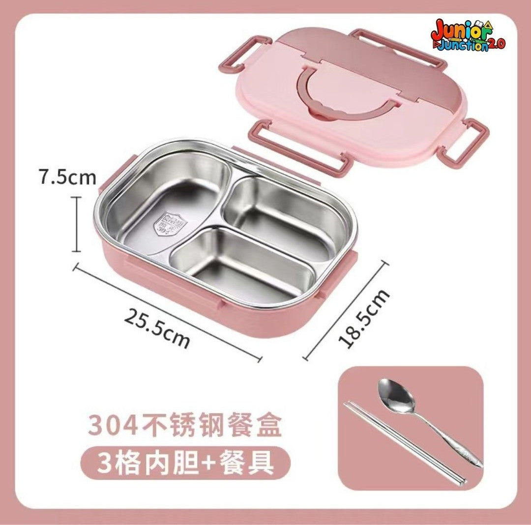 🍱 Modern Dual-Tone 304 Stainless Steel Bento Lunch Box Set – Pastel Pink & Rose (3-Compartment)