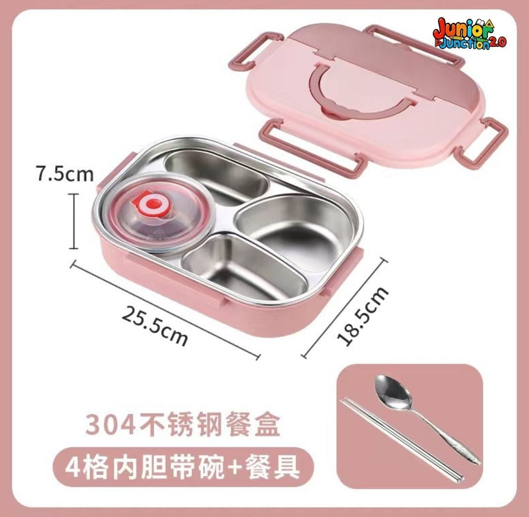 🍱 Modern Dual-Tone 304 Stainless Steel Bento Lunch Box Set with Soup Bowl – Pastel Pink & Rose (4-Compartment)
