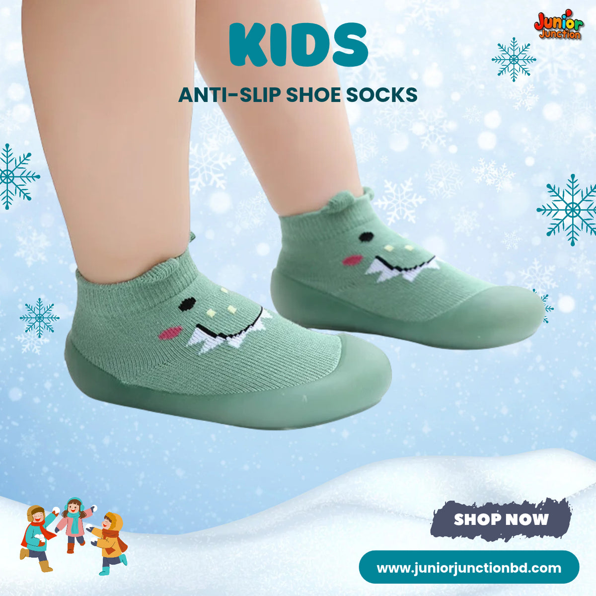 Sage Green Friendly Dino Kids Anti-Slip Shoe Socks