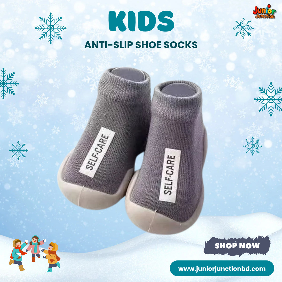Classic Grey "SELF-CARE" Minimalist Kids Anti-Slip Shoe Socks
