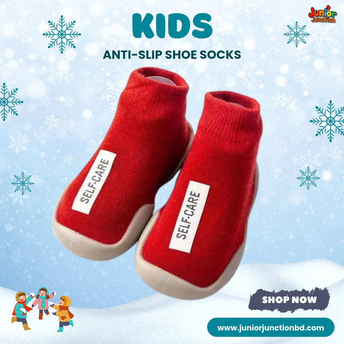 Vibrant Red "SELF-CARE" Minimalist Kids Anti-Slip Shoe Socks