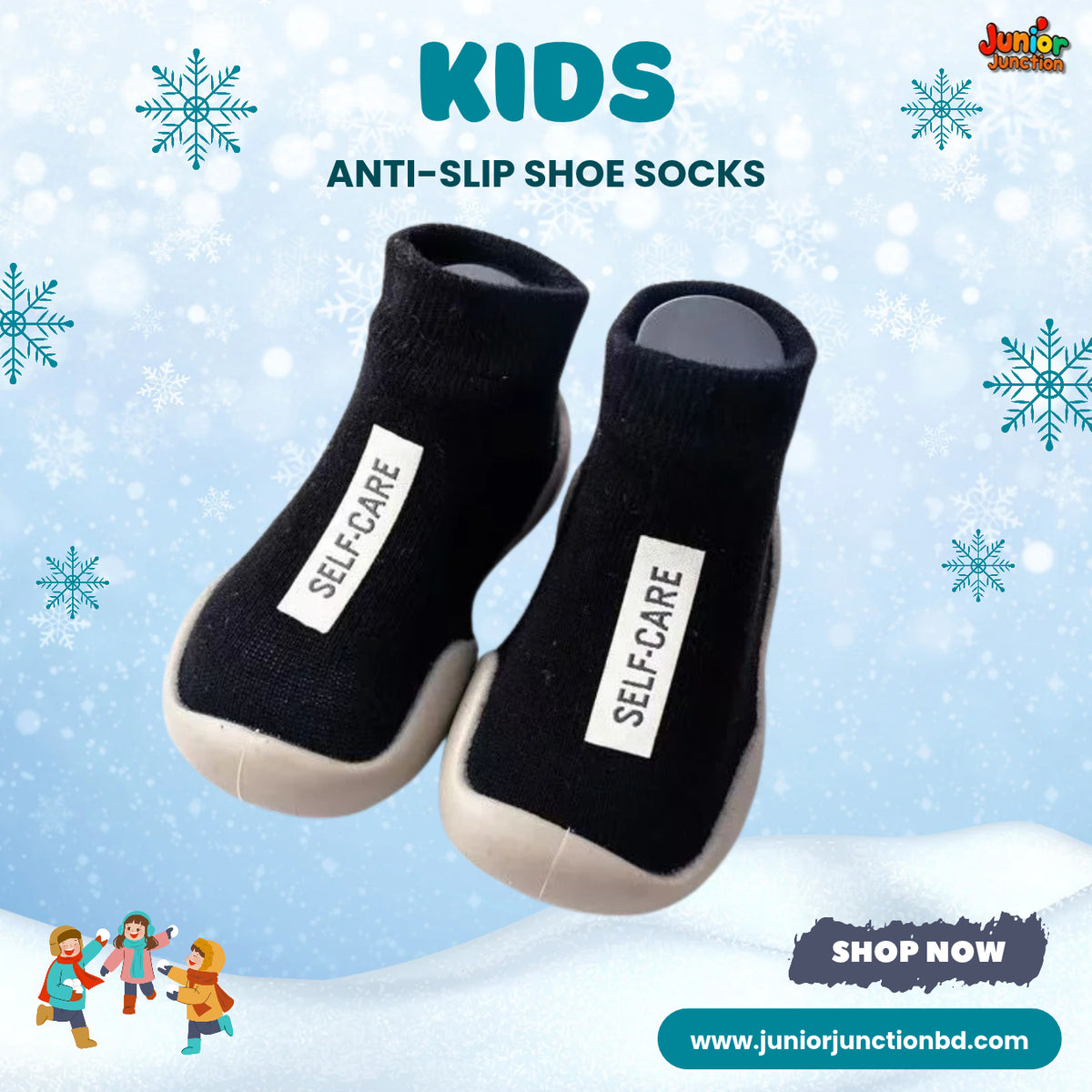 Sleek Black "SELF-CARE" Minimalist Kids Anti-Slip Shoe Socks