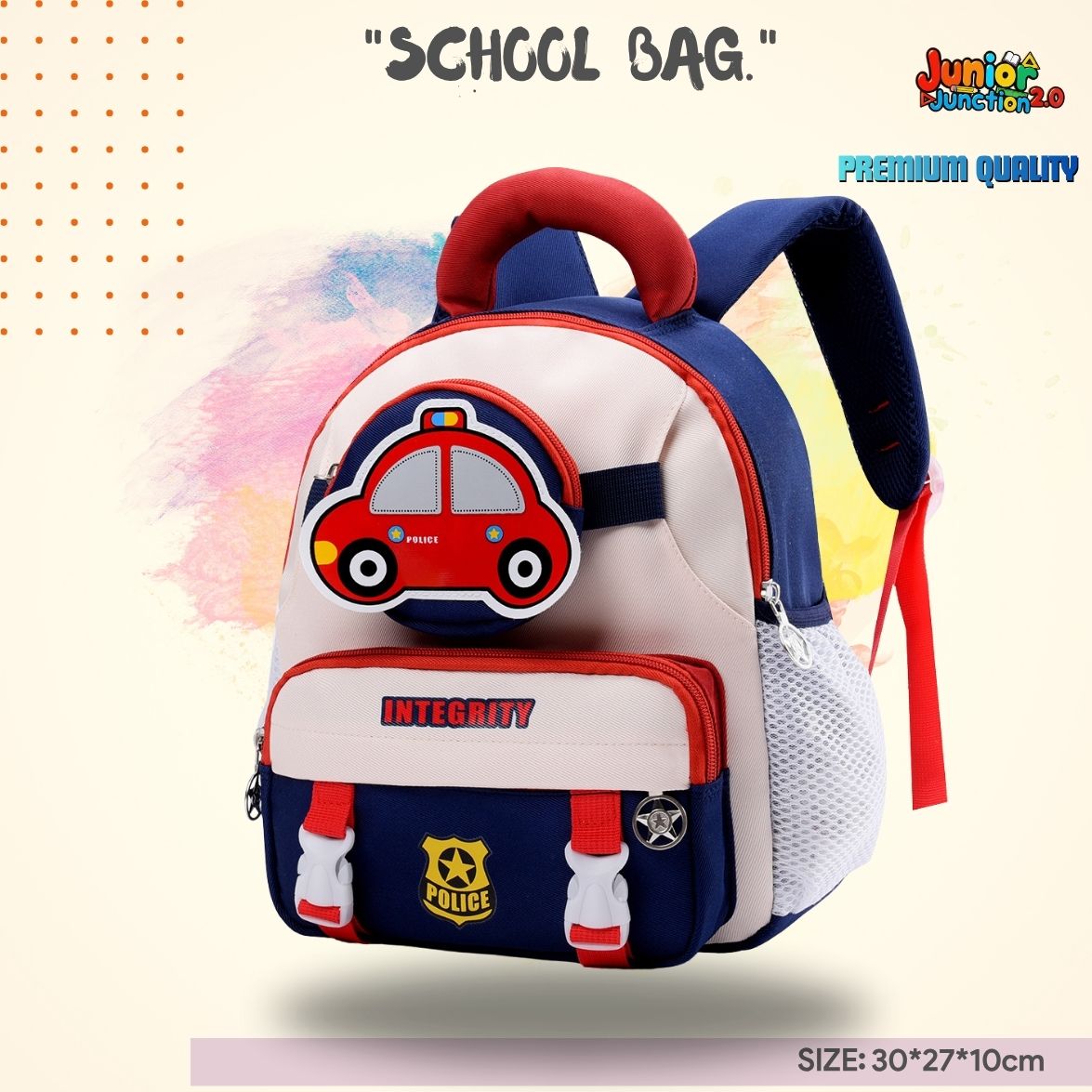 🚔 Police Car Theme Premium Toddler School Bag (Navy, Cream & Red)