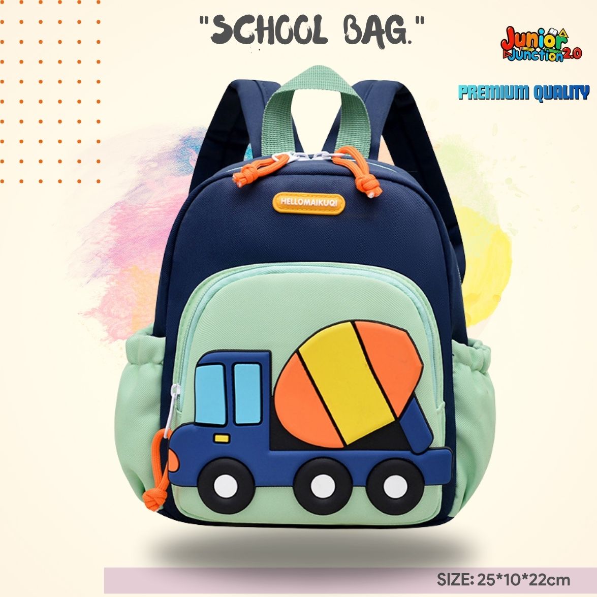 🚚 Construction Cement Mixer Theme Premium Toddler Backpack (Navy & Mint Green)