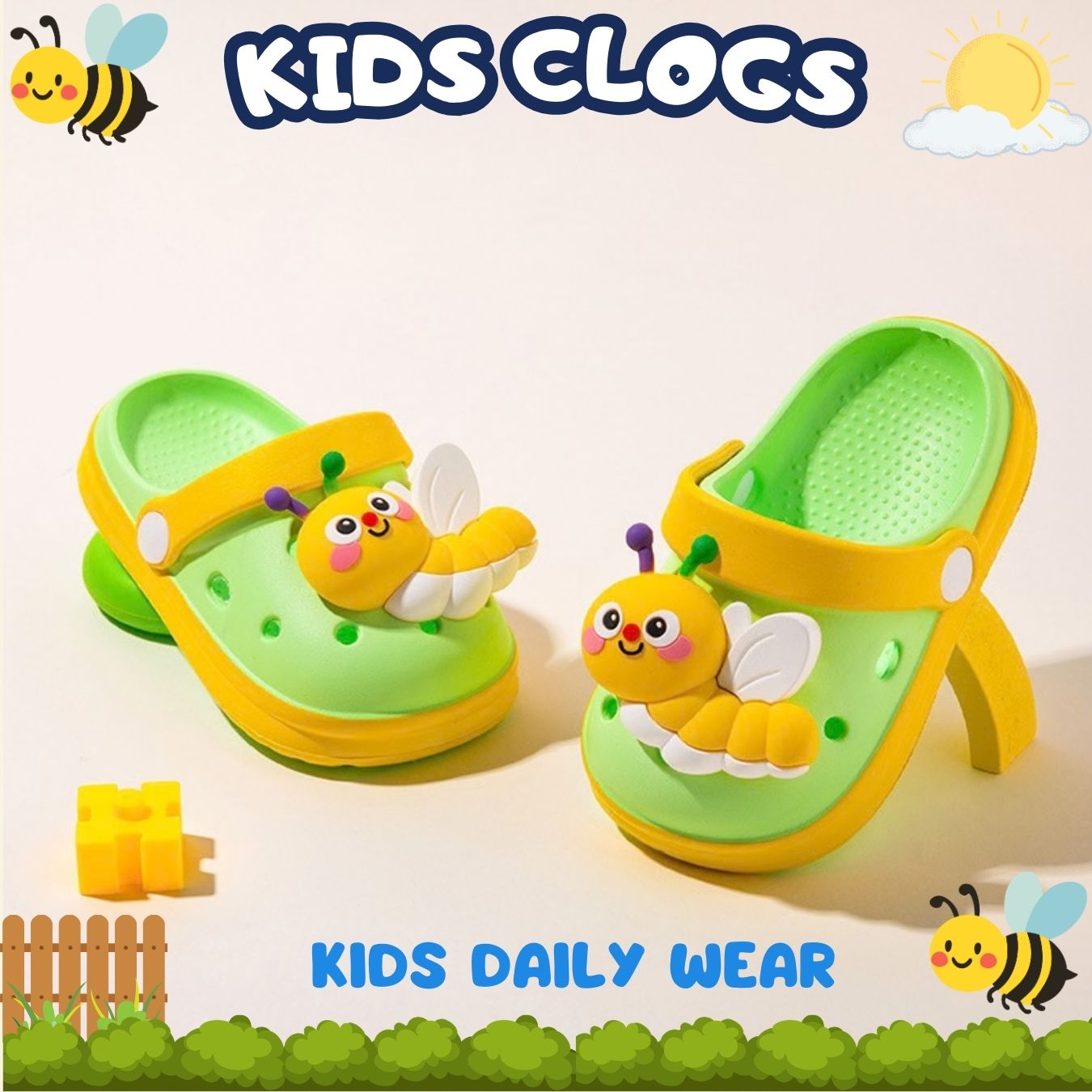 🐝 Kids Busy Bee Clogs – Lime & Sunny Yellow