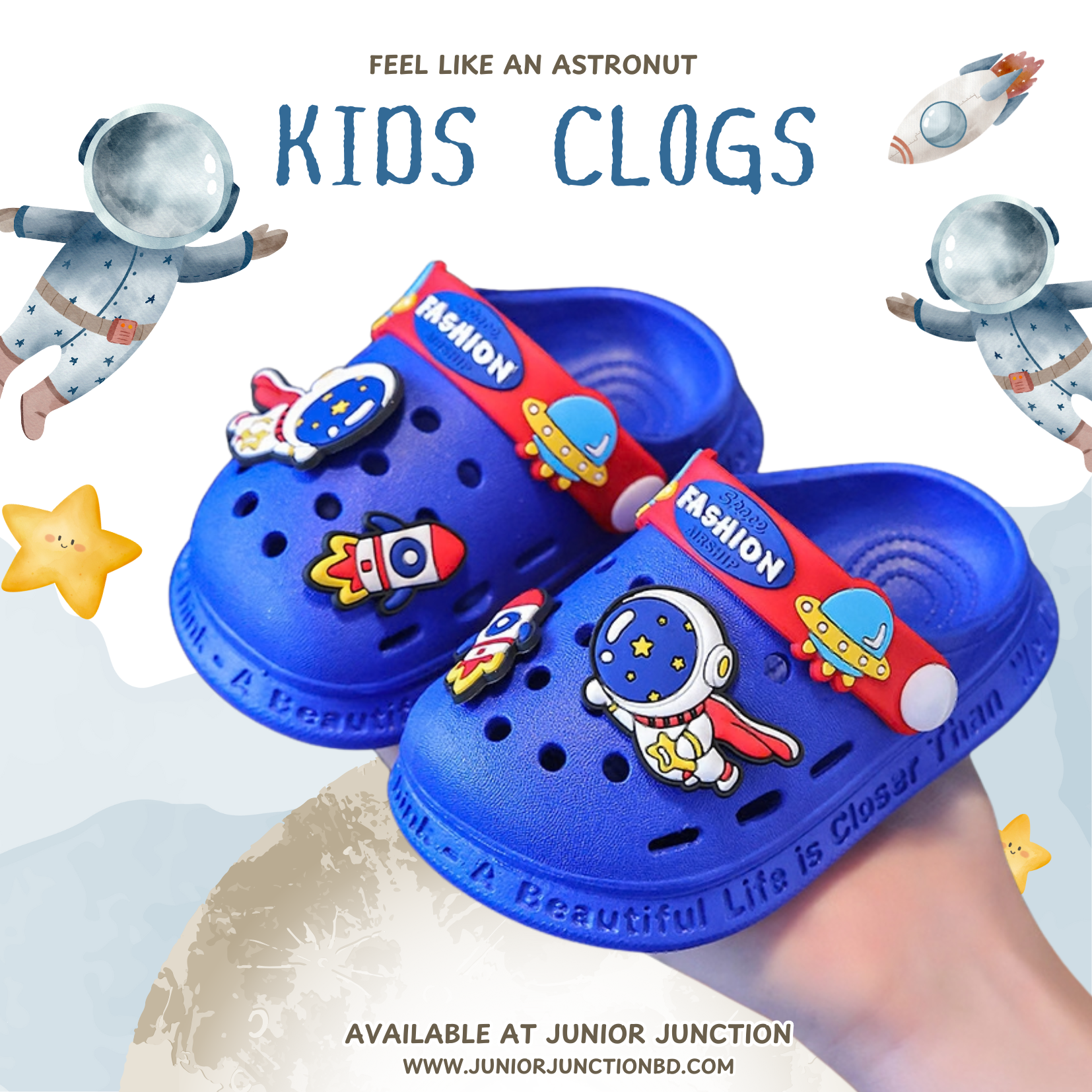 🚀 Kids Galactic Astronaut Clogs – Royal Blue & Crimson