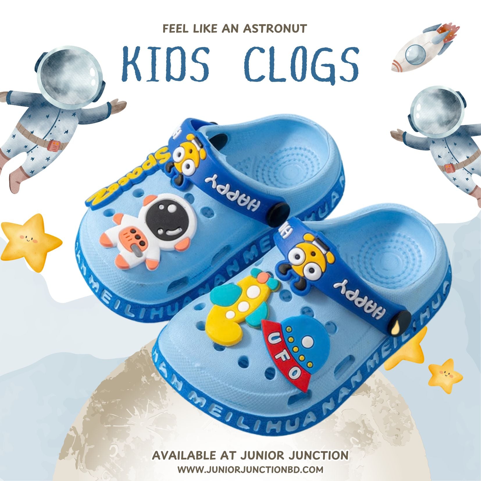 🚀 Kids Galactic Astronaut Clogs – Sky Blue & Navy