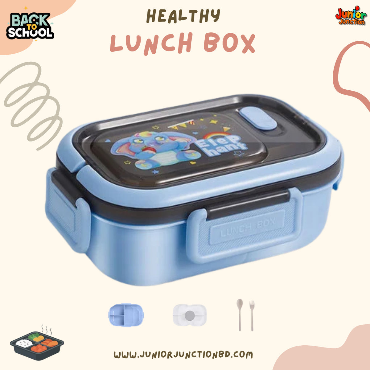 🍱 Cute Elephant Healthy Lunch Box – Powder Blue