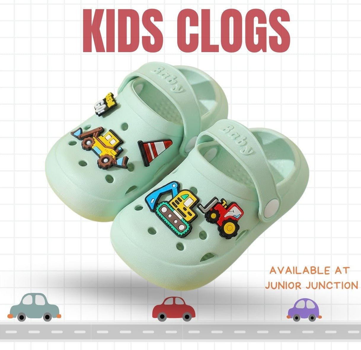 🚜 Kids Construction Zone Clogs – Mint Green
