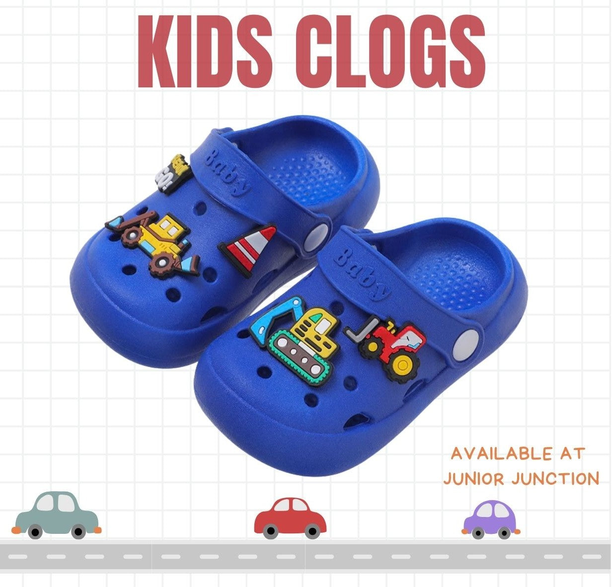 🚜 Kids Construction Zone Clogs – Royal Blue