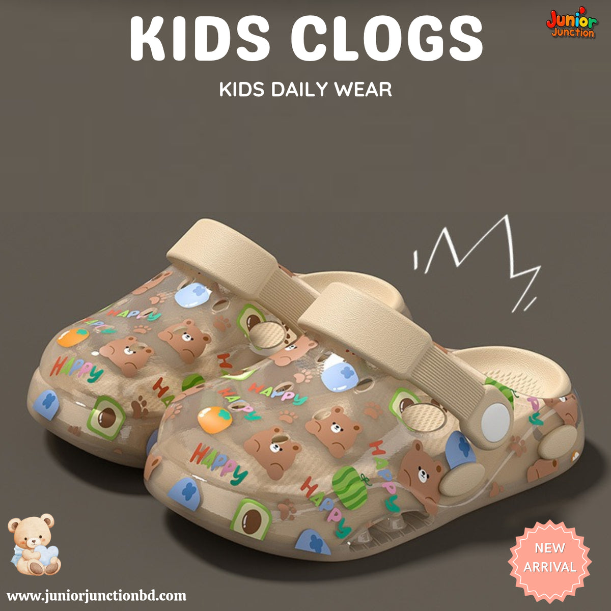 Kids Happy Bear & Fun Treats Clogs – Beige & Clear