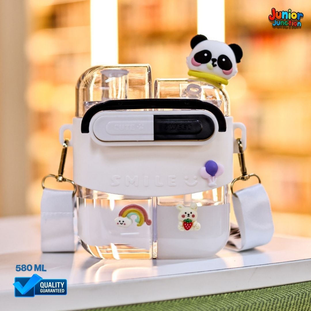 🚀🐼 "Smile Panda Dual-Chamber" Premium Kids 2-in-1 Square Water Bottle (Panda Monochrome Edition) 🥤