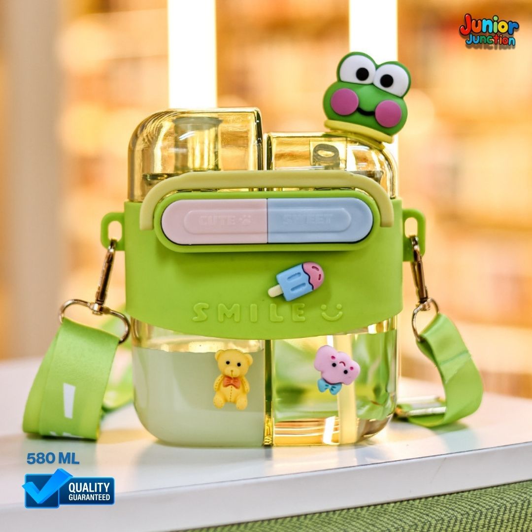 🚀🐸 "Smile Froggy Dual-Chamber" Premium Kids 2-in-1 Square Water Bottle (Lime Zest Edition) 🥤