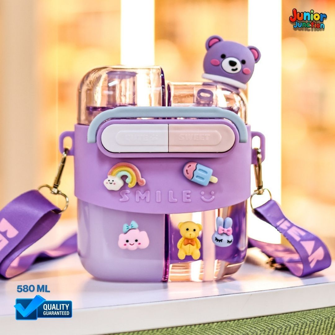 🚀🐻 "Smile Bear Dual-Chamber" Premium Kids 2-in-1 Square Water Bottle (Grape Magic Edition) 🥤