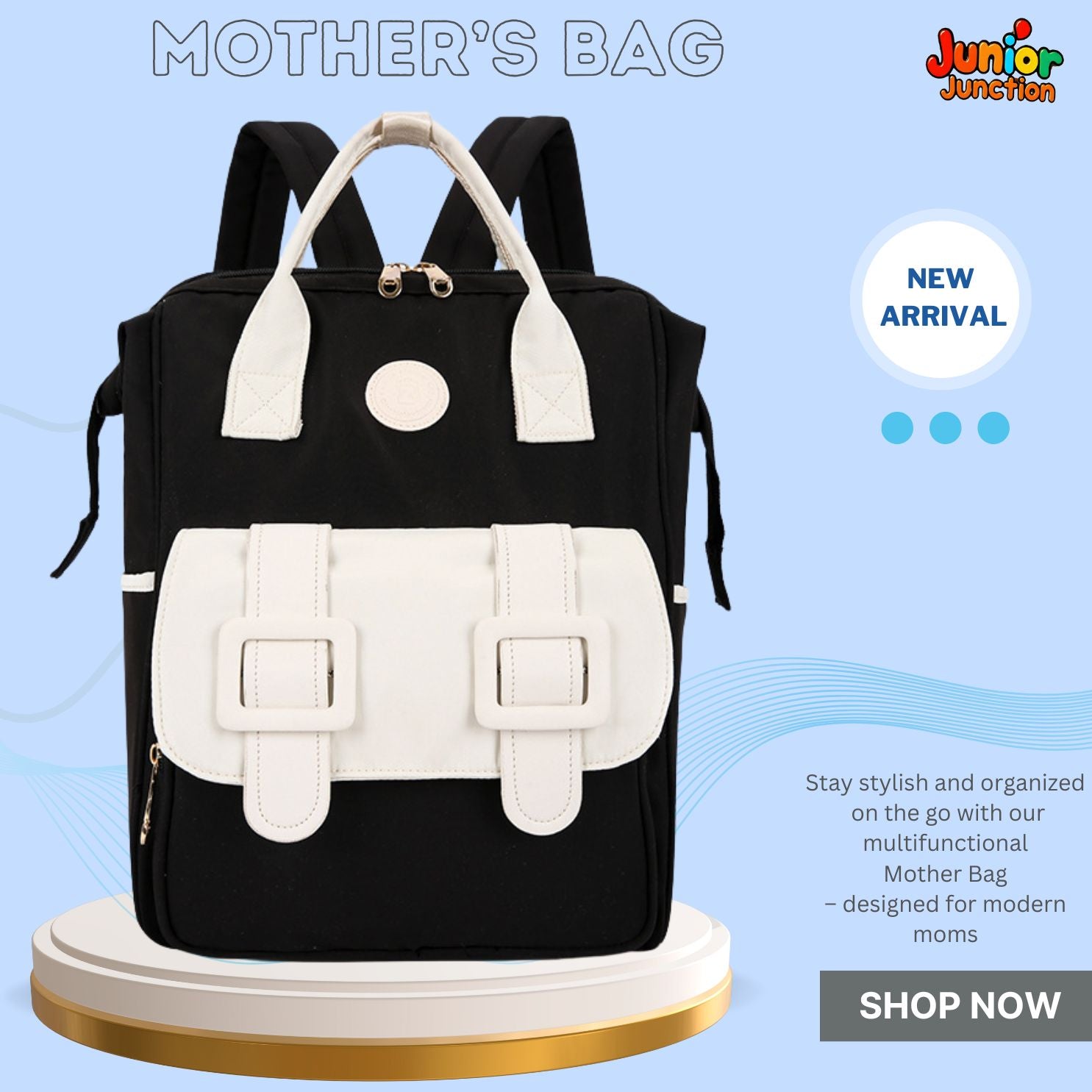 🌟 Urban-Mom Multi-Function Backpack – Classic Black & Cream Contrast