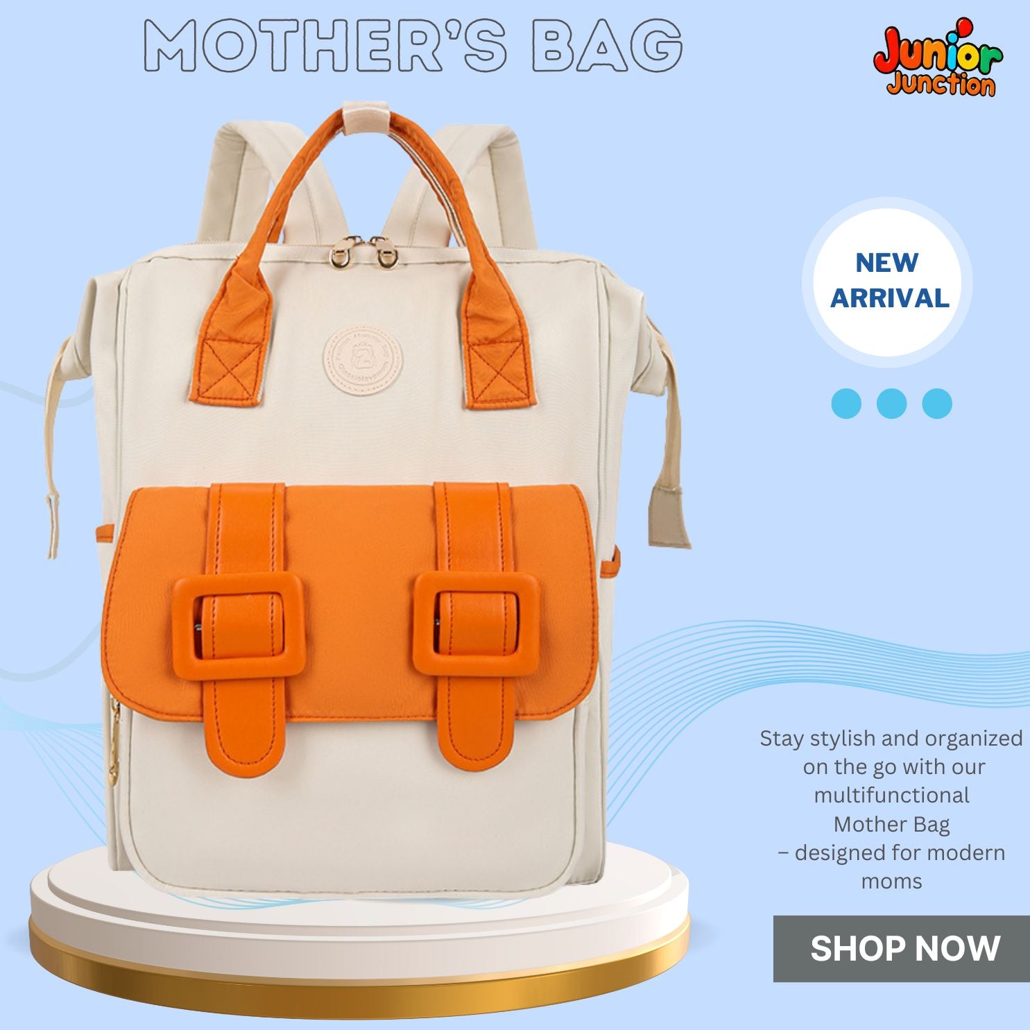 🌟 Urban-Mom Multi-Function Backpack – Pastel Cream & Vibrant Orange