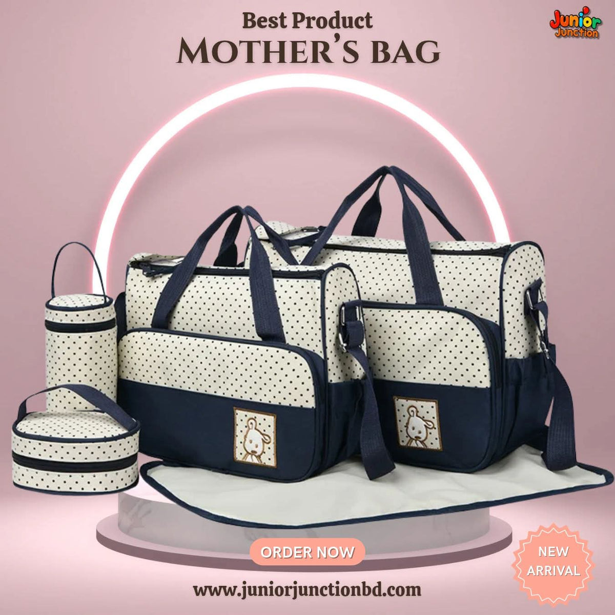 🌟 5-Piece Complete Polka Dot Mother’s Bag Set – Cream & Navy Blue Edition